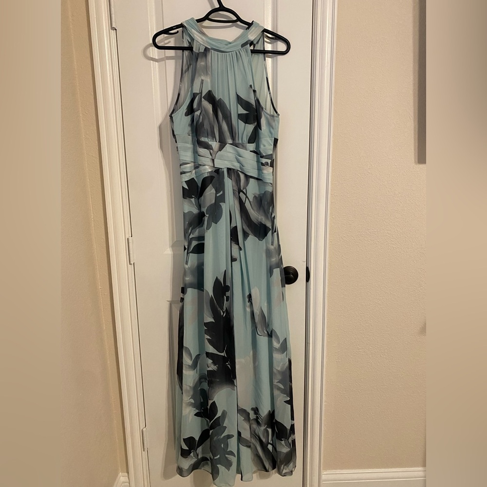 Adrianna Papell Light Blue and Black Floral Maxi Dress